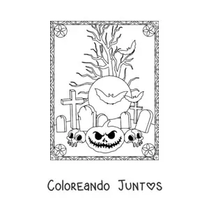 Imagen para colorear de siluetas de murciélagos con calabazas terroríficas de Halloween
