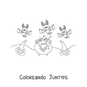 Imagen para colorear de murciélagos con caldero de bruja y calabaza de Halloween