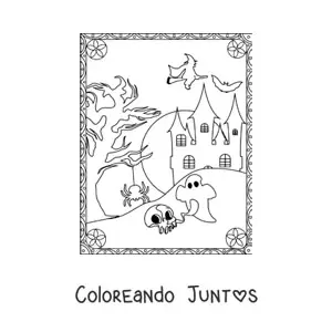Imagen para colorear de murciélago volando junto a casa embrujada