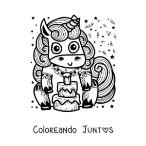 Imagen para colorear de un unicornio animado con un pastel de cumpleaños