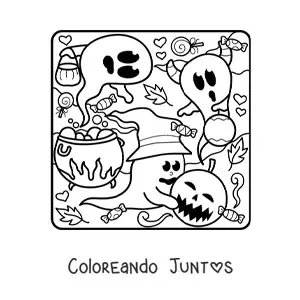 Imagen para colorear de fantasma con sombrero de bruja y caldero