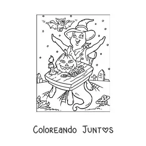 Imagen para colorear de fantasma animado con calabaza de Halloween y murciélagos