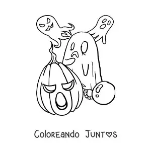 Imagen para colorear de fantasmas y niño disfrazado de fantasma en Halloween