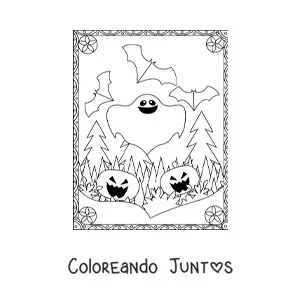 Imagen para colorear de fantasma con calabazas de Halloween aterradoras y murciélagos