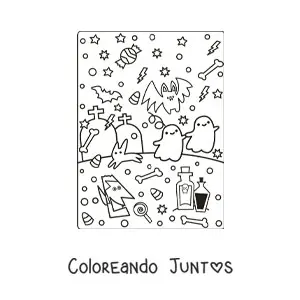 Imagen para colorear de fantasmas kawaii con dulces de Halloween y murciélagos