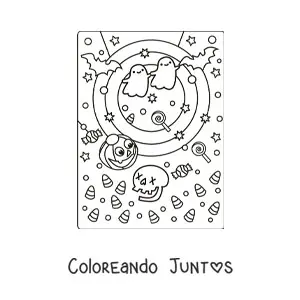 Imagen para colorear de fantasmas kawaii con calavera y murciélagos