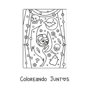 Imagen para colorear de fantasma kawaii con calabaza de Halloween y dulces