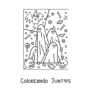 Imagen para colorear de fantasmas animados con murciélago kawaii