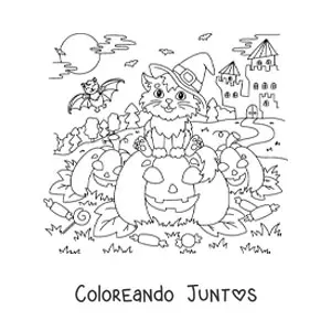 Imagen para colorear de gato kawaii con sombrero de bruja sentado en una calabaza de Halloween