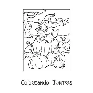 Imagen para colorear de gato kawaii con sombrero de bruja dentro de una calabaza de Halloween