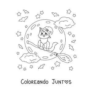 Imagen para colorear de gato kawaii con sombrero de bruja volando en escoba