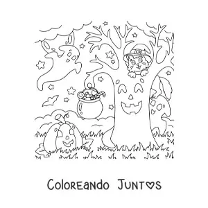 Imagen para colorear de gato kawaii con sombrero de bruja sobre un árbol tenebroso
