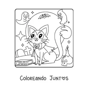 Imagen para colorear de gato vampiro kawaii de Halloween