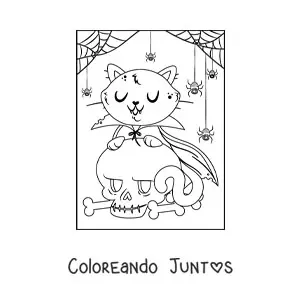 Imagen para colorear de gato vampiro con calavera y telarañas