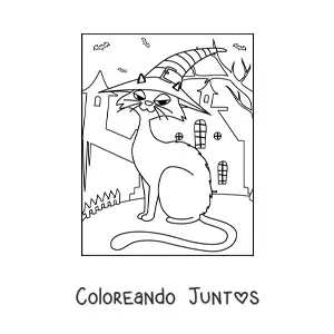 Imagen para colorear de gato animado con sombrero de bruja en casa encantada