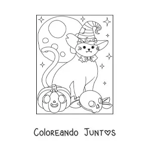Imagen para colorear de gato kawaii con sombrero de bruja y calavera