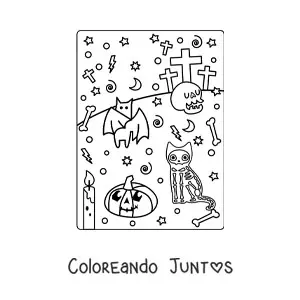 Imagen para colorear de gato con disfraz de Halloween con calabaza kawaii