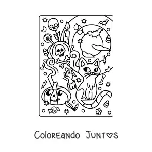 Imagen para colorear de gato animado con tumba y calabaza kawaii en Halloween