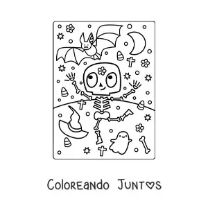 Imagen para colorear de esqueleto infantil bailando en Halloween