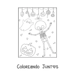 Esqueleto animado con fantasma en fiesta de Halloween