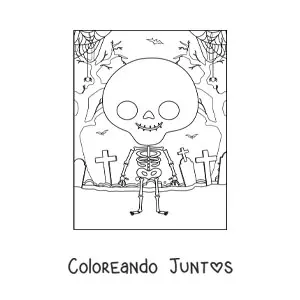 Imagen para colorear de esqueleto humano animado en la noche de Halloween
