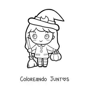 Imagen para colorear de niña kawaii disfrazada de brujita