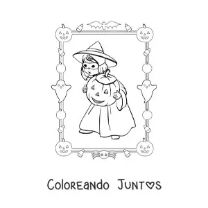 Imagen para colorear de niña con disfraz de bruja y calabaza de Halloween