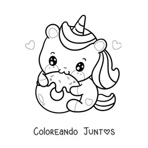 Imagen para colorear de un unicornio kawaii comiendo una dona