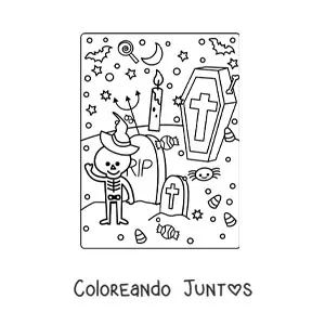 Imagen para colorear de cementerio con esqueleto kawaii de Halloween