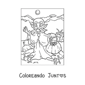 Imagen para colorear de caricatura de un vampiro con calabaza de Halloween