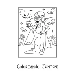 Imagen para colorear de vampiro animado con murciélagos y lentes de sol en un cementerio