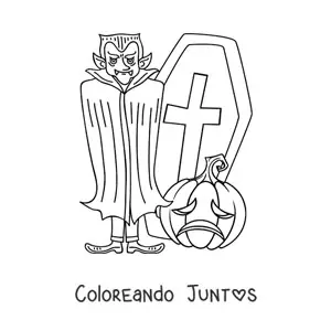 Imagen para colorear de conde Drácula con tumba y calabaza de Halloween