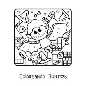 Imagen para colorear de murciélago vampiro kawaii en Halloween