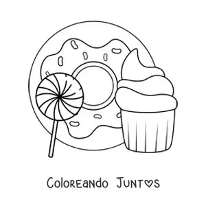 Imagen para colorear de una dona junto a un cupcake y una paleta