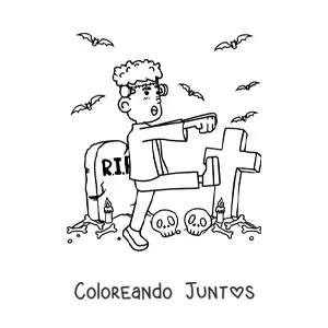 Imagen para colorear de Frankenstein animado caminando en un cementerio en Halloween