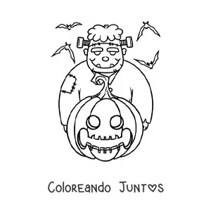 Imagen para colorear de Frankenstein animado grande con calabaza de Halloween