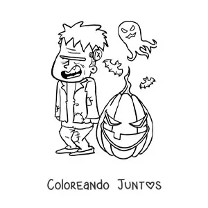 Imagen para colorear de Frankenstein animado grande con fantasmas y calabaza de Halloween
