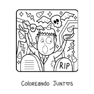 Imagen para colorear de Frankenstein animado con calavera y dulces de Halloween