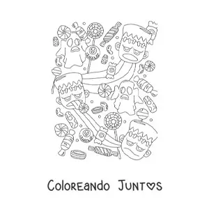 Imagen para colorear de cara de Frankenstein con fantasmas y dulces de Halloween