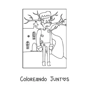 Imagen para colorear de Frankenstein frente a una casa encantada