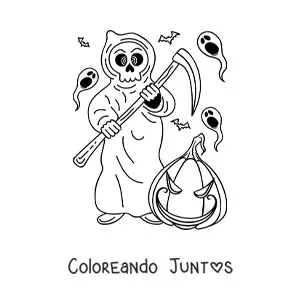 Imagen para colorear de la muerte con calabaza de Halloween aterradora