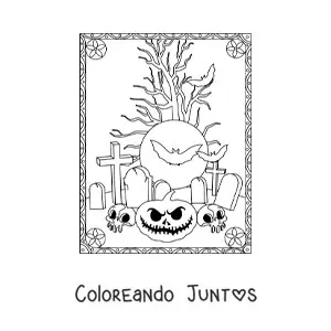 Imagen para colorear de calabaza de Halloween aterradora con tumbas y murciélagos