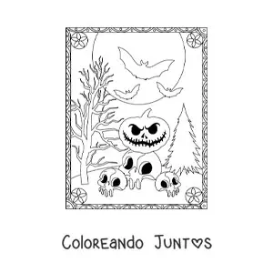 Imagen para colorear de calabazas de Halloween aterradoras con calaveras y murciélagos
