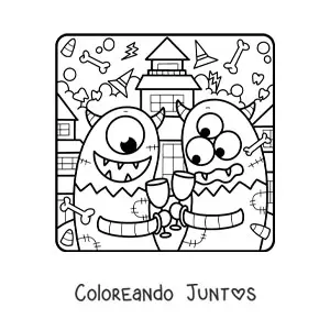 Imagen para colorear de monstruos animados en fiesta de Halloween
