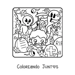 Imagen para colorear de la muerte con un fantasma y un zombie de Halloween asustando a un niño
