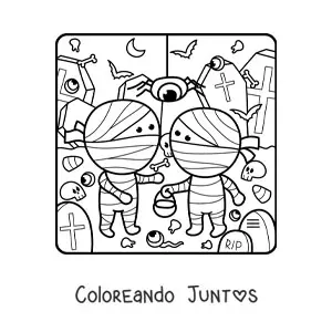 Imagen para colorear de momias kawaii de Halloween