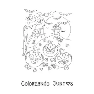 Imagen para colorear de calabazas aterradoras de Halloween con mansión embrujada