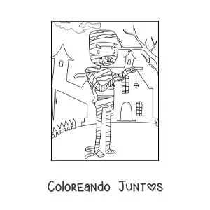 Imagen para colorear de momia de Halloween con casa embrujada