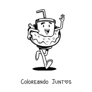 Imagen para colorear de un vaso con popote animado corriendo con una dona