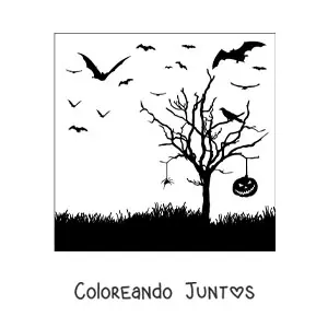 Imagen para colorear de silueta de una araña colgando de un árbol en la noche de Halloween